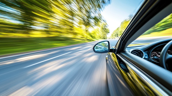 Side view of a moving car captured at high speed on a tree-lined road with motion blur in the background.
