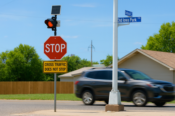 A sunny intersection with a red stop sign and a yellow “Cross Traffic Does Not Stop” sign is shown. Green trees and a clear sky create a summer setting, while a dark SUV drives past from the right side.