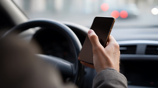Close-up of a driver holding a smartphone while gripping the steering wheel, depicting handheld phone use behind the wheel in traffic