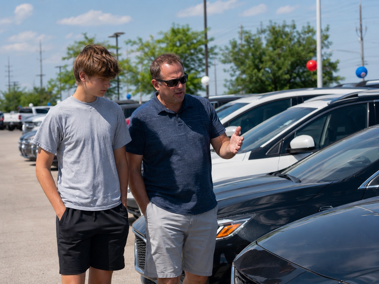 A father and teenage son walk through a car dealership lot in Wichita Falls, Texas, with the parent pointing at vehicles and discussing options, depicting a family researching safe vehicle choices for a new teen driver.
