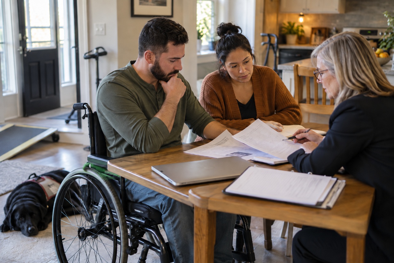 A wheelchair user and his partner reviewing care documents with an attorney at their Texas home, with a mobility ramp and service dog nearby, illustrating the future medical costs tied to a spinal cord injury claim.